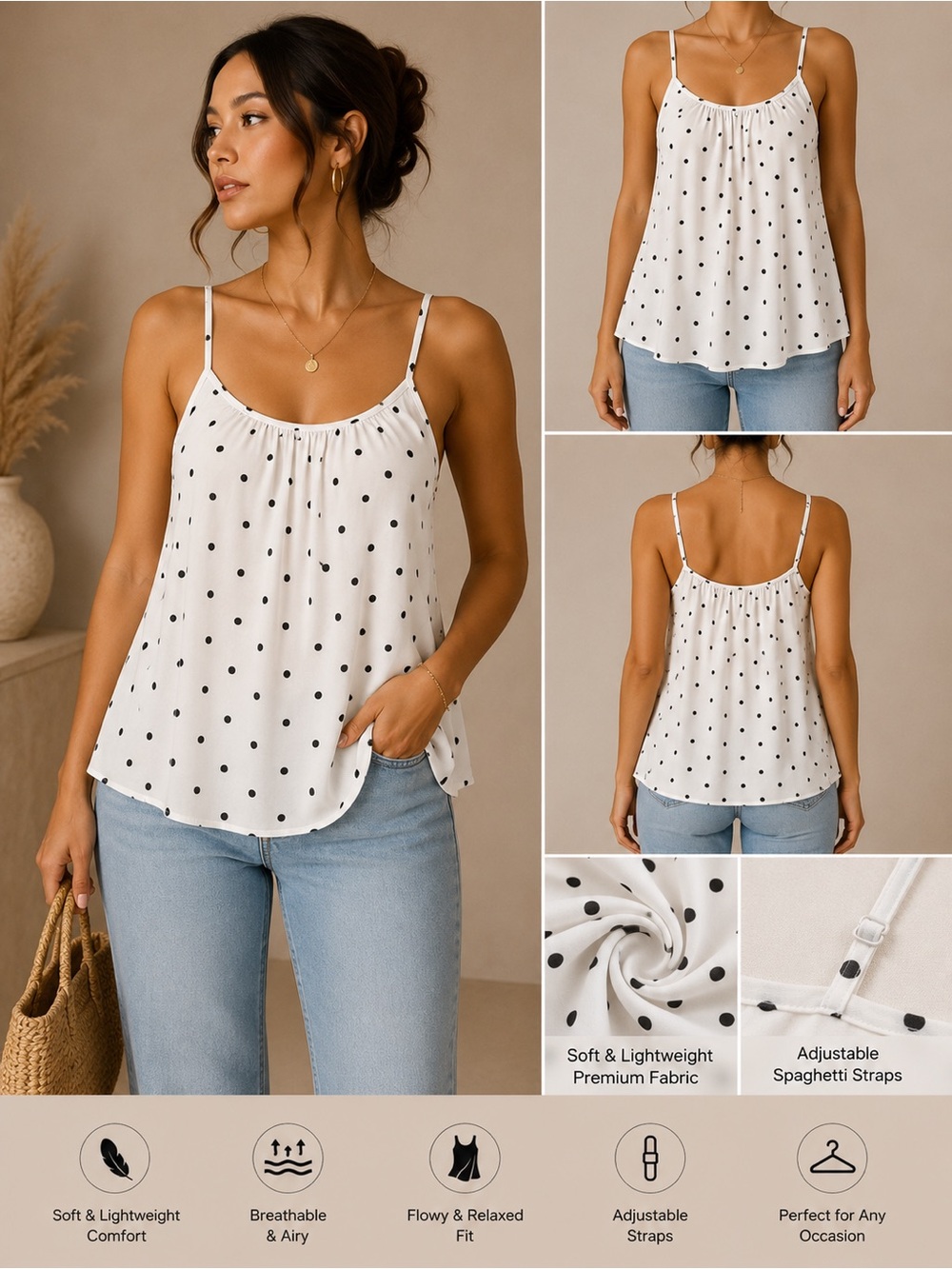 Women’s White Polka Dot Spaghetti Strap Tank Top